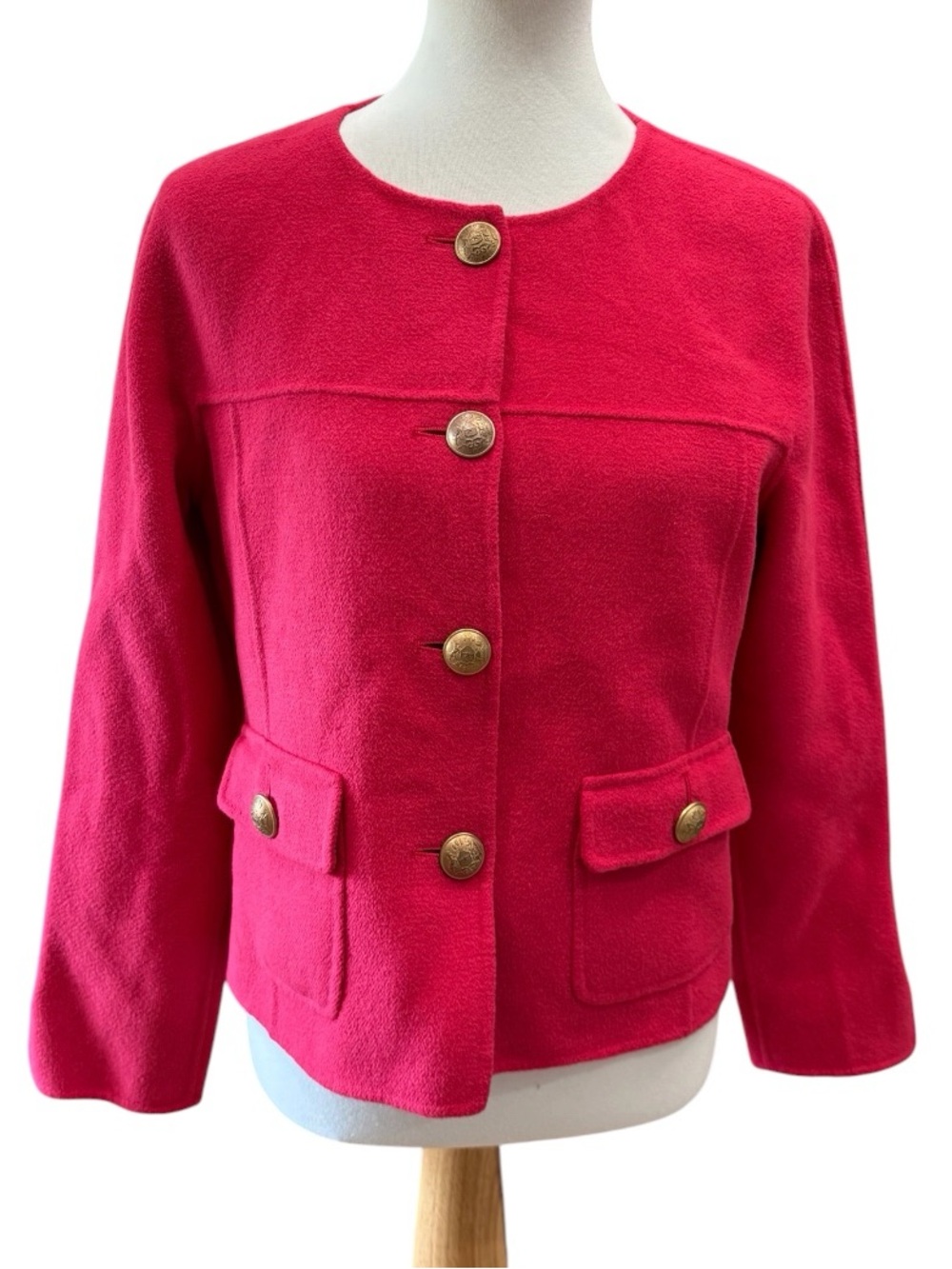 St John Red Angora, Wool, Cashmere Blend Collarless Buttoned Jacket 8